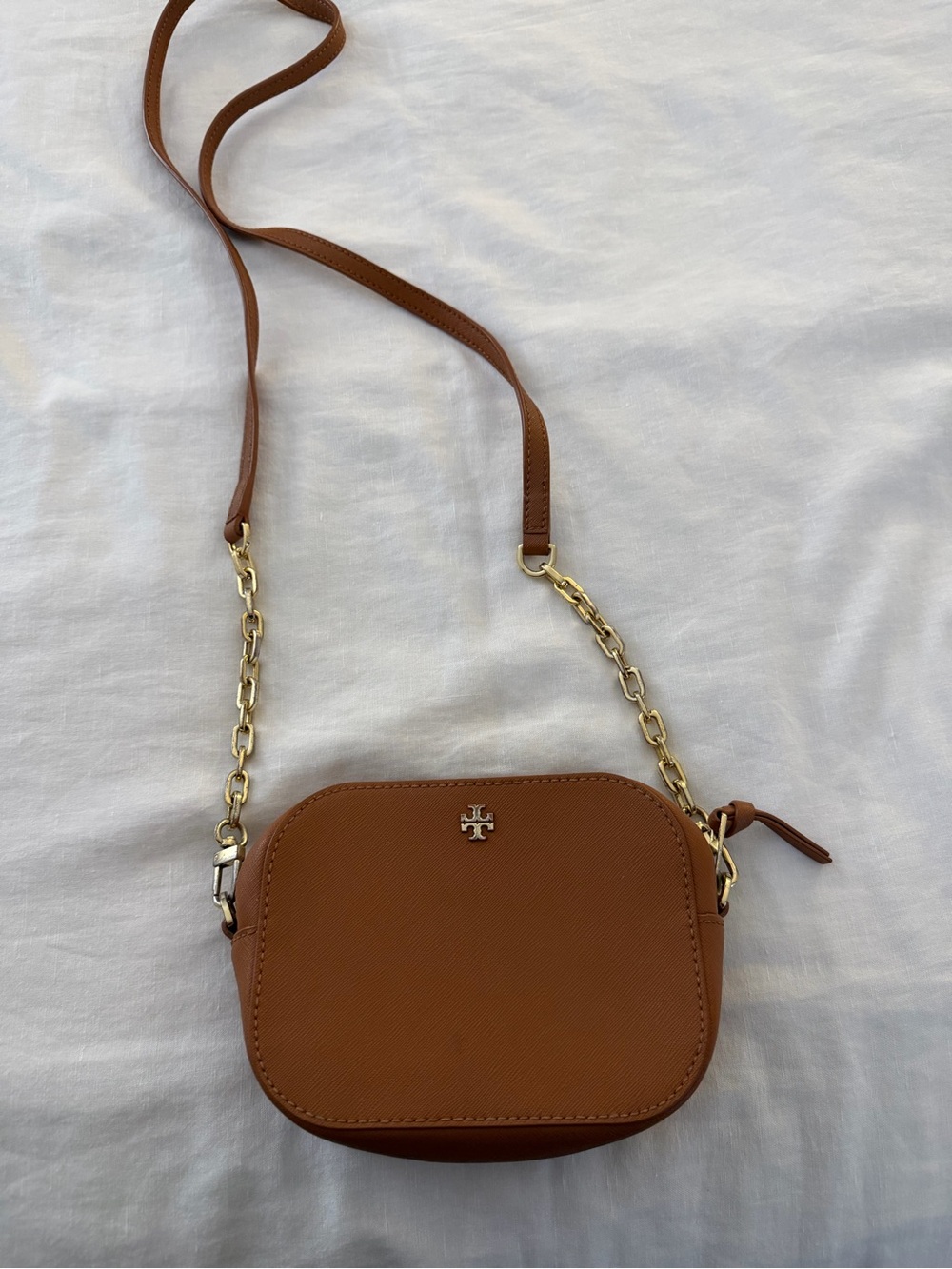 Tory Burch Tan Leather Camera Crossbody with Gold Chain
